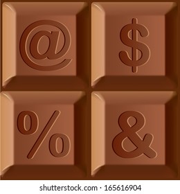 Vector set of stylized characters printed on blocks of chocolate bar. Signs Email, $, %, &