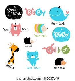 'Vector set of stylized characters and symbols. whale, bear, hedgehog, giraffe, boy, girl, kids. It can be used as a logo for children's products and services. As a poster, postcard invitation.