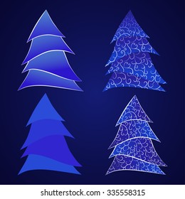 Vector set of stylized Christmas tree. In white and blue colors. Gradient used.