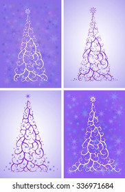 Vector set of stylized Christmas tree. Hand drawn illustration. In white and violet colors. Gradient and transparency effects used.