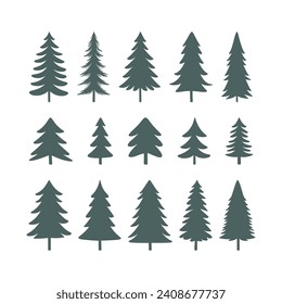 Vector set of stylized Christmas trees of different shapes and sizes in shades of green on a white background.