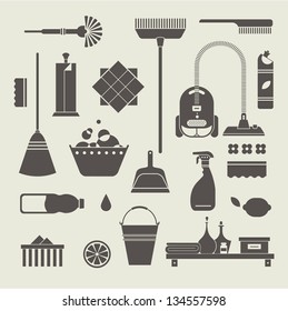 Vector set of stylized cleaning tools icons