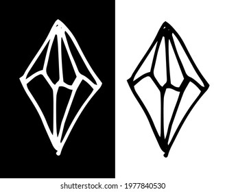 Vector set of stylized crystal drawn in doodle style with white and black line on contrasting backgrounds. Crystal with sharp edges in the shape of a diamond symbol of witchcraft and magic 