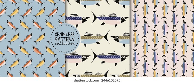 Vector set with stylized fish in Scandinavian style. Print, seamless pattern, background, design 
