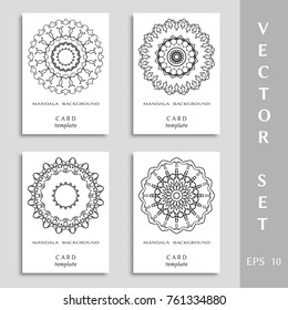 Vector set of stylized floral round ornaments, line logo design templates. Black and white geometric mandala in trendy linear style for luxury products, organic cosmetics packaging