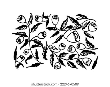 Vector set  stylized  flowers  on stems.  Vintage floral collection with hand-drawn  flowers brush strokes. Hand drawn botanical ornament with floral motif. 