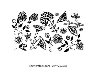 Vector set stylized flowers on stems. Vintage floral collection with hand-drawn flowers brush strokes. Hand drawn botanical ornament with floral motif.