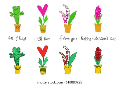 a  vector set of stylized flowers in pots in a cartoon style symbolizing heart; great to illustrate themes about love or wedding