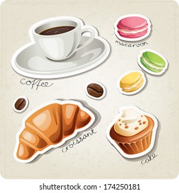 Vector set of stylized food icons. Coffee cup, macaroons, coffee beans, croissant and cake are in the set.