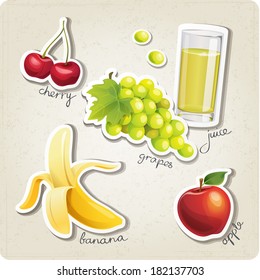 Vector set of stylized food icons. There are a juice, grapes, cherry, a banana and an apple are in the set.