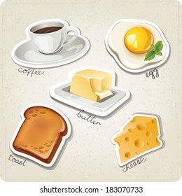 Vector set of stylized food icons. There are a cup of coffee, toast,  cheese butter and egg in the set.