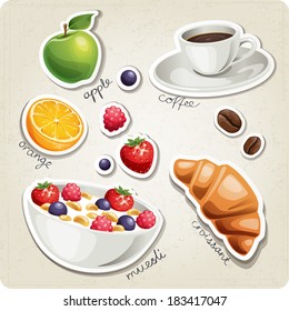 Conjunto vectorial de iconos estilizados de comida. En el conjunto encontrarás una taza de café, algunas bayas, una naranja, una manzana, muesli y cruasán. 