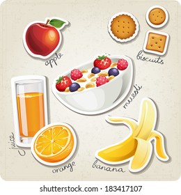 Vector set of stylized food icons. There are an orange juice, an apple, a banana, muesli and some biscuits in the set. 