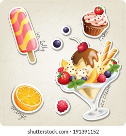 Vector set of stylized food icons. There are a milk cocktail, ice cream, ice lolly, cherry and an apple in the set.