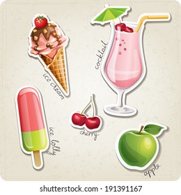 Vector set of stylized food icons. There are a milk cocktail, ice cream, ice lolly, cherry and an apple in the set.