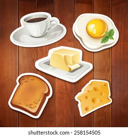 Vector set of stylized food icons on wood background. There are a cup of coffee, toast,  cheese butter and egg in the set.