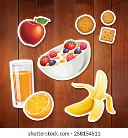 Vector set of stylized food icons on wood background. There are an orange juice, an apple, a banana, muesli and some biscuits in the set. 