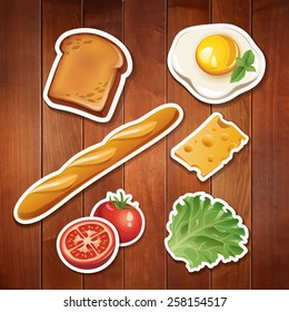 Vector set of stylized food icons on wood background. There are a toast, egg, baguette, cheese tomato and lettuce in the set.