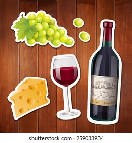 Vector set of stylized food icons. Grapes, cheese, bottle of red wine and a glass of wine are in the set. 