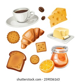 Vector set of stylized food icons. Coffee cup, coffee beans, toast, jam, butter, cakes and  croissant are in the set. 
