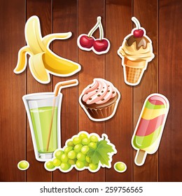 Vector set of stylized food icons on wood background. There are ice-cream, grape juice, cake and banana in the set.