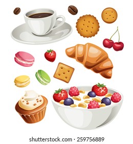 Vector set of stylized food icons. Healthy breakfast high detailed food elements icons set.