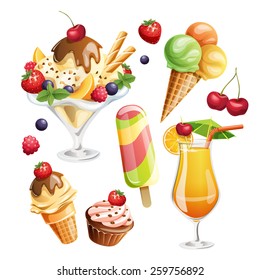 Vector set of stylized food icons  with healthy food elements. Ice cream and sweets and juice high detailed illustrations. 