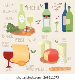 Vector set of stylized food icons. Cheese, bread, wine and lettering.