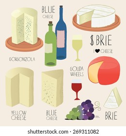 Vector set of stylized food icons. Cheese, bread, wine and lettering.