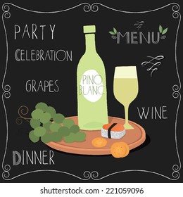 Vector set of stylized french food icons. Cheese, bread, wine and lettering on chalk board.