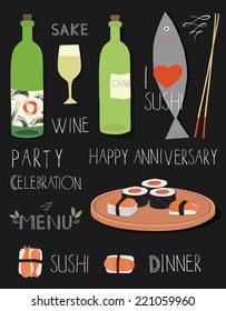 Vector set of stylized french food icons. Cheese, bread, wine, sushi and lettering on chalk board.