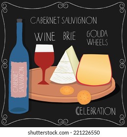 Vector set of stylized french food icons. Cheese, bread, wine and lettering on chalk board.