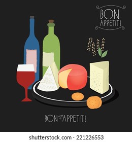 Vector set of stylized french food icons. Cheese, bread, wine and lettering on chalk board.