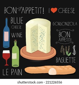 Vector set of stylized french food icons. Cheese, bread, wine and lettering on chalk board.
