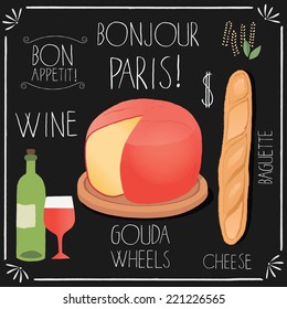 Vector set of stylized french food icons. Cheese, bread, wine and lettering on chalk board.