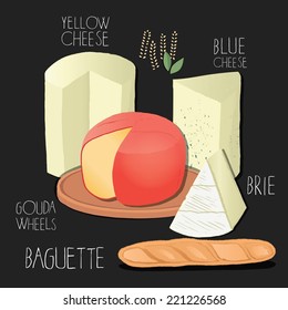 Vector set of stylized french food icons. Cheese, bread, wine and lettering on chalk board.