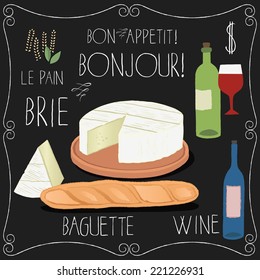 Vector set of stylized french food icons. Cheese, bread, wine and lettering on chalk board.