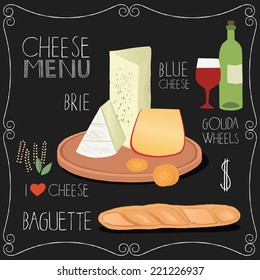 Vector set of stylized french food icons. Cheese, bread, wine and lettering on chalk board.