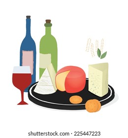 Vector set of stylized french food icons. Cheese, bread, wine and lettering on white. 