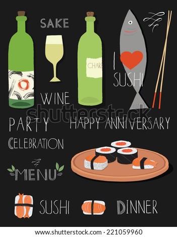 Vector set of stylized french food icons. Cheese, bread, wine, sushi and lettering on chalk board.