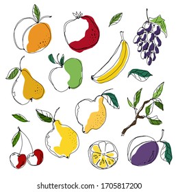 Conjunto vectorial de frutas estilizadas: melocotón, granada, uva, pera, manzana, plátano, limón, cereza, ciruela. Diseño creativo, dibujo de una línea, manchas de color, aislado en fondo blanco.