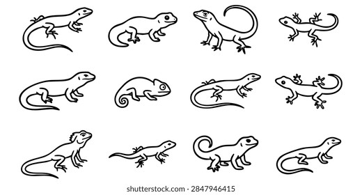 Vector set of stylized geometric lizards and chameleons in different poses for design use, Vintage style vector illustrations of various lizards and skinks arranged in a set on isolated white background, Set of black and white vector line art illustrations featuring small lizards in various natural poses
