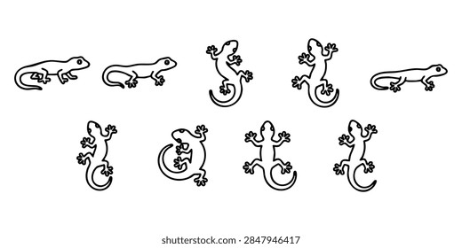 Vector set of stylized geometric lizards and chameleons in different poses for design use, Vintage style vector illustrations of various lizards and skinks arranged in a set on isolated white background, Set of black and white vector line art illustrations featuring small lizards in various natural poses