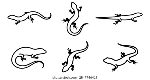Vector set of stylized geometric lizards and chameleons in different poses for design use, Vintage style vector illustrations of various lizards and skinks arranged in a set on isolated white background, Set of black and white vector line art illustrations featuring small lizards in various natural poses
