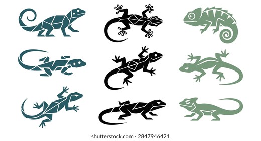 Vector set of stylized geometric lizards and chameleons in different poses for design use, Vintage style vector illustrations of various lizards and skinks arranged in a set on isolated white background, Set of black and white vector line art illustrations featuring small lizards in various natural poses