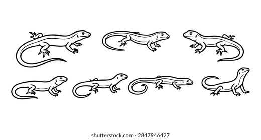 Vector set of stylized geometric lizards and chameleons in different poses for design use, Vintage style vector illustrations of various lizards and skinks arranged in a set on isolated white background, Set of black and white vector line art illustrations featuring small lizards in various natural poses
