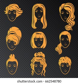 Vector set of stylized gold logo with beautiful women hairstyles. Golden fashion stylish collection of fashionable hairstyle.