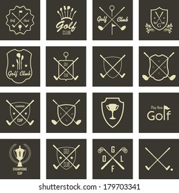 Vector set of stylized golf icons. Set of vintage badges and emblems on a black background. Golfing champion labels.