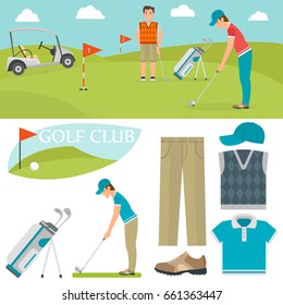 Vector set of stylized golf icons hobby equipment collection cart golfer player sport symbols