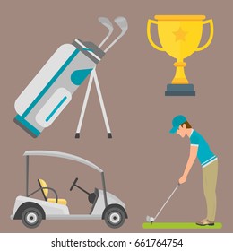 Vector set of stylized golf icons hobby equipment collection cart golfer player sport symbols